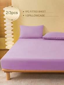 2/3pcS Solid Color Purple Fitted Sheet Set (1Pc Fitted Sheet+2pcs Pillowcases), Mattress Protector, Mattress Cover For Bed, Bed Sheet Set, Soft And Breathable, For All Size Bed -Twin, Full, King, Queen Size Sheet Deep Pocket Up To 11.8 Inch Home Textile - Purple - View 2