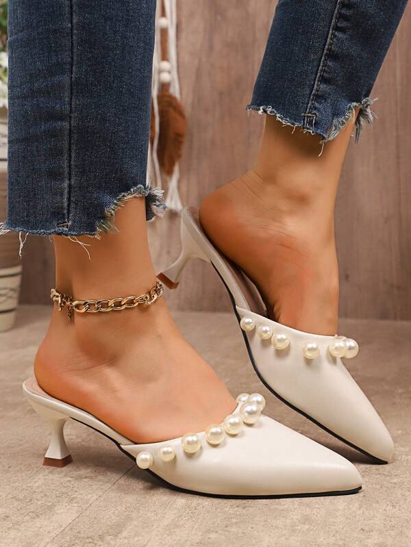 Nuevos zapatos de tacón alto de mujer con puntera abierta y sandalias slip-on con perlas