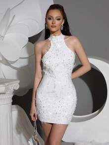 高品质时尚珍珠亮片装饰露背无袖透视紧身迷你连衣裙，女士性感派对礼服，舞会礼服 - 白色 - 查看 1