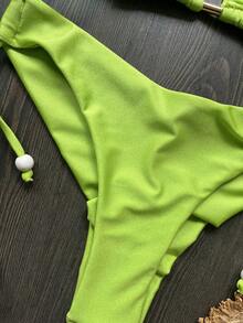 Women's Green Halter Solid Fabric Bikini Vacation Beach Summer - Green - View 6