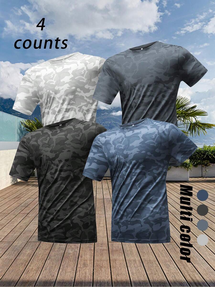 4pcs Men's Short Sleeve Camouflage T-Shirts, Ice Silk Material For Summer Basketball, Running, Half-Sleeve