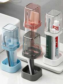 1 pieza Soporte para cepillo de dientes con vaso, Organizador de 3 ranuras para cepillo de dientes y pasta de dientes, Soporte ajustable para cepillo de dientes eléctrico con tapa antipolvo, Estante de drenaje para encimera de baño - Multicolor - Ver 1