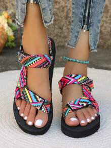 2025 Women's Wide Fit Colorful Print Strap Lightweight Foam Bottom Sandals, Suitable For Home, Leisure And Daily Wear, Summer