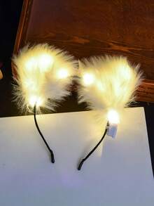 1 创意LED羽毛耳朵头带发光猫耳朵（馒头猫耳形面包）头带，兔耳朵闪光头带派对婚礼圣诞节万圣节3种模式，含电池