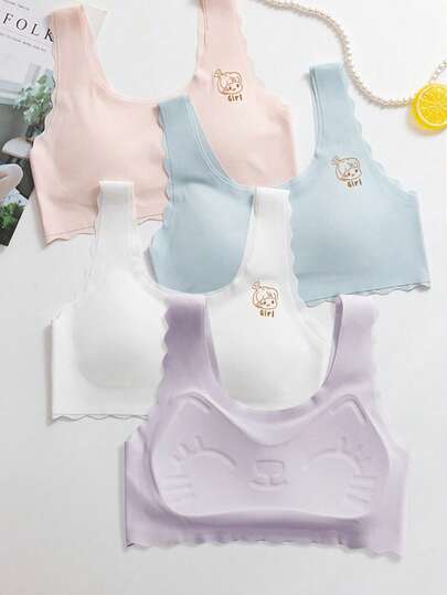 4pcs/Set Girls' Seamless Sports Bras With Pads - Comfortable Breathable Invisible Design, Available In White, Blue And Beige, Suitable For 8-16 Years Old Girls, Suitable For School, Casual And Sports Wear