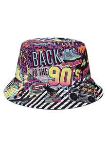 1pc Unisex Fashionable 90s 80s Pattern Reversible Lightweight Bucket Hat, Vintage Streetwear Casual Bucket Hat - A - View 3