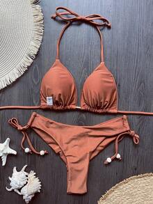Vacation Beach Plain Color Tie-Up Bikini Set