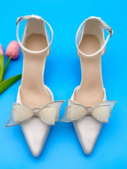 1 Pair New Rhinestone Bow Shoe Clips, Multifunctional Bow Decor, Polyester Bow Accessory, Suitable For High Heels, Flats, Sandals, Women's Fashion Shoes