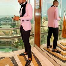 Mens 3 Piece Floral Tuxedo, Jacquard Slim Suit Set, Paisley Blazer Vest And Pants For Prom Wedding - 粉色 - 查看 2
