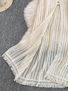 女式无袖蕾丝流苏针织罩衫，长款，开衩镂空设计，夏季分层背心 - 杏色 - 查看 7