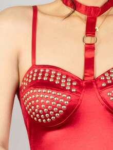 Vestido corto para mujer de moda satinado con diseño de strass en copa y lazo decorativo unicolor estilo casual - Rojo - Ver 4