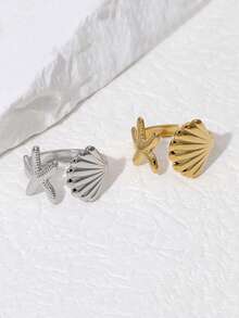 1 Pc Stainless Steel Shell & Starfish Decor Open Ring, Fashionable Daily Wear For Women - Geometry - View 3