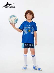 SURUIDA 2pcs Argentina Soccer Jersey Set For Teens And Kids, Including Shirt And Shorts, Casual Sports Style Suitable For Match, Training, And Stage Performance - 藍色 - 查看 9