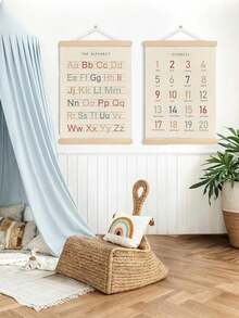 2pcs-Alphanumeric Poster Hanger 2 Pieces Set, Kindergarten Wall Decoration, ABC Banner Poster Wall Art With Wooden Frame, Alphabet Banner Wall Hanging Decoration Toddler Playroom Nursery.. - Wood Color - View 3