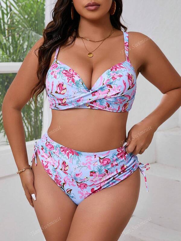 Plus Size Women Leaf & Floral Print Hard Cup Floral Print Drawstring Split Bikini Set, Elegant And Sexy