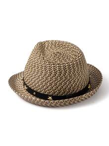 1 pieza Sombrero de paja bohemio casual con estrella, sombrero de sol con adorno de remaches, versátil y de moda para trabajo/vacaciones, unisex