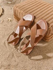 大码女式复古交叉带平底凉鞋，宽带露趾轻便休闲沙滩凉鞋