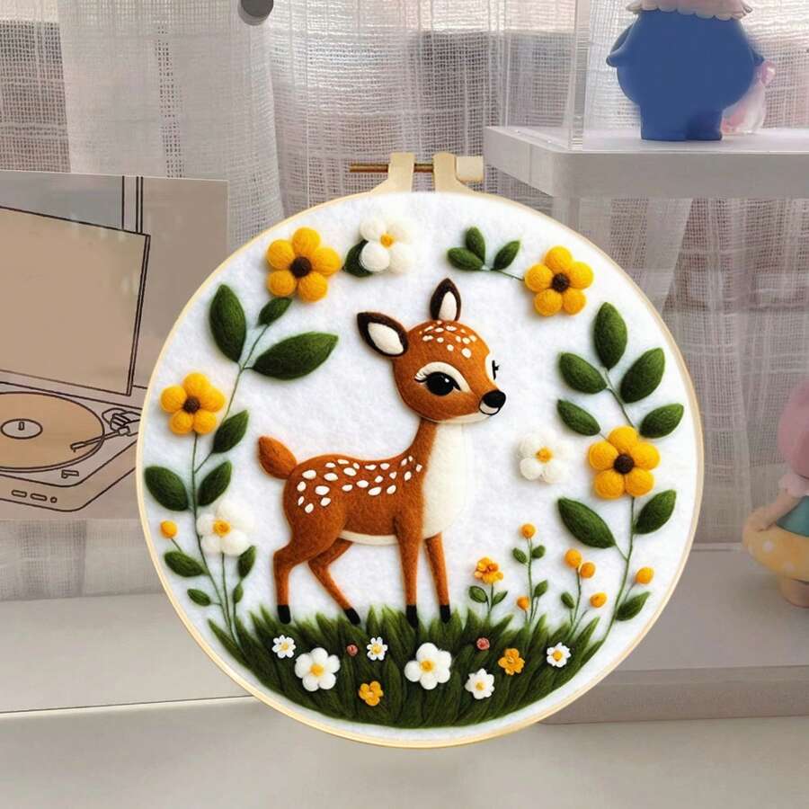 1 Pack House Landscape Wool Felting Painting Frame Diy Wool Embroidery Kit Funny Wool Needle Felt Picture Kit Craft 20x20cm/7.87x7.87inch