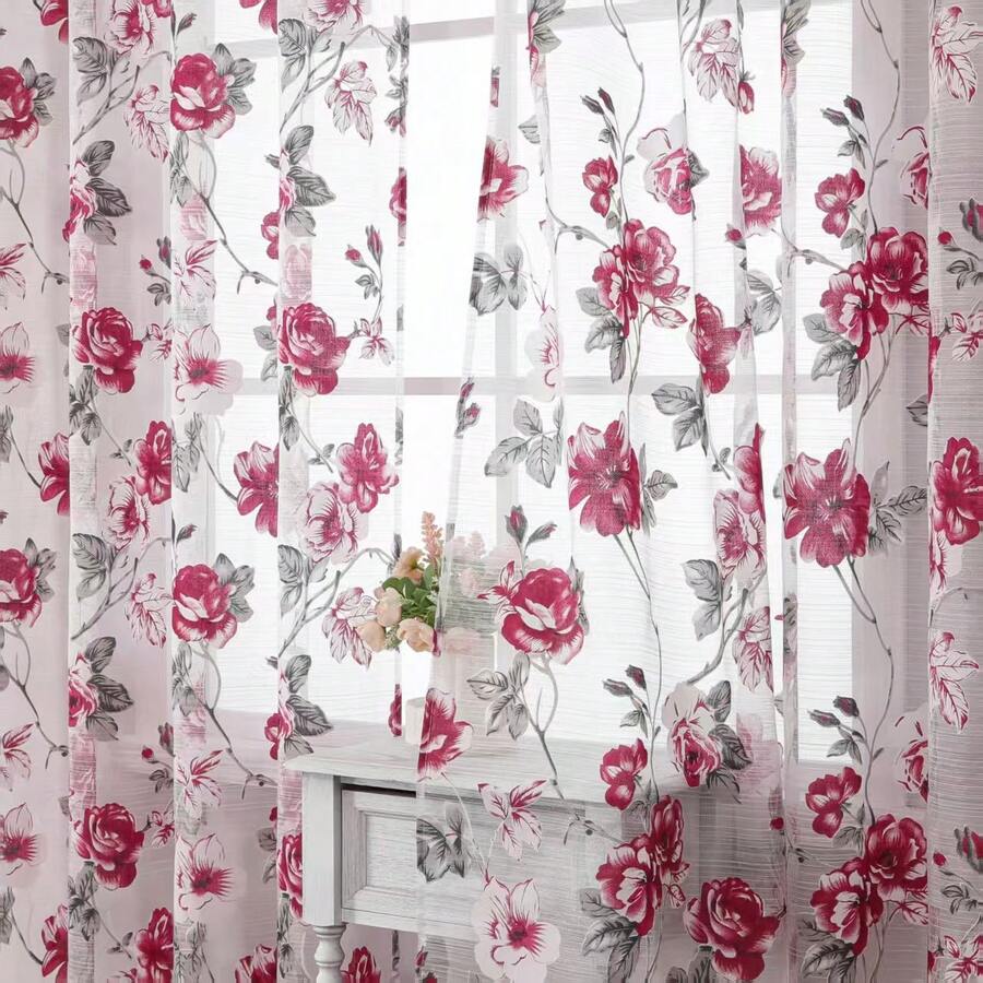 Cortinas transparentes com estampa de rosas pastorais para decoração de quarto e sala de estar - Multicolorido - Ver 1