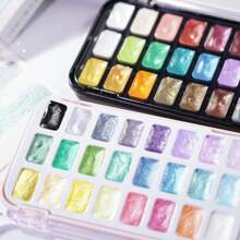 Set de pintura de acuarela sólida metálica perlada de 24 colores con brillo dorado: perfecto para el arte de uñas, pintura Thangka, dorado y diseños artísticos - Paleta compacta y práctica para viajar, vuelta al colegio, útiles escolares