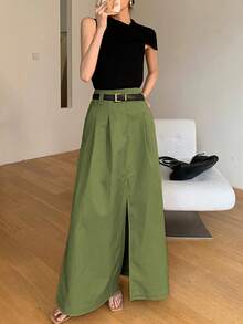 春夏时尚百搭修身高腰通勤女士半身裙（不含腰带） - 軍綠色 - 查看 5