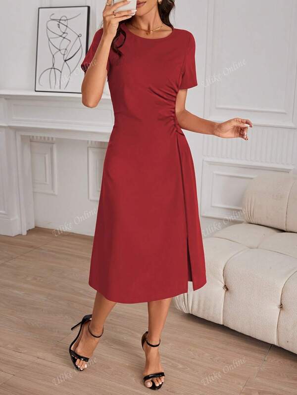 Elegant Solid Color Knitted Fabric Zippered Pleated Hem Dress, Summer