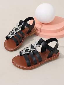 1 para nowych dziewczęcych letnich wygodnych płaskich sandałów z motylkowymi kryształkami i perłową dekoracją, romantycznych na imprezę, plażę, do noszenia na co dzień, lekkich