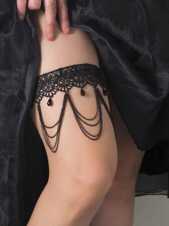 1pc Black Lace Simple Pendant Multilayer Tassel Sexy Thigh Chain Leg Bracelet Jewelry For Women