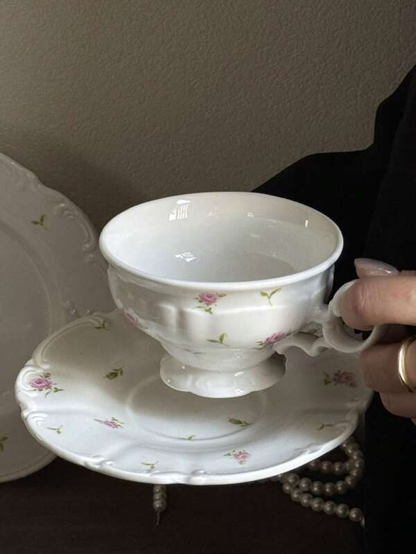 1 Set Rose Floral Ceramic Coffee Cup & Saucer, Vintage Botanical Pattern Ceramic Mugs With Plates, Porcelain Milk Cup, Juice Cup, Dessert Plate, Snack Plate, 8-Inch Dinner Plate, Serving Dish For Steak & Pasta Back To School