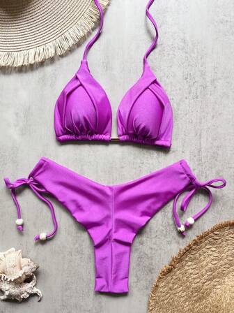 Women's Solid Color Halter Tie Sexy Bikini Swimsuit Set, Summer Beach