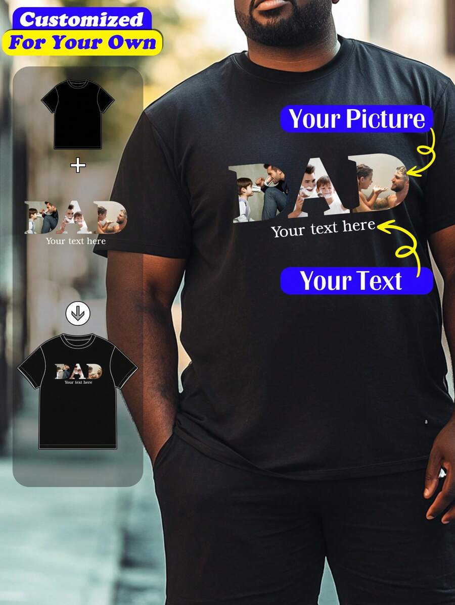 Customized Personalized Loose Round-Neck Dog Cat Pet Memorial Gift Plus Size Men's Casual T-Shirt - Add Your Own Images (Family Photo/Selfie/Pet Photo/Friend Photo/Lover Photo/Girlfriend Photo/Gifts/Logo For Couples/Customizable Tee For Husband Or Boyfriend Or Girlfriend) And Your Text To Design Your Personalized Printed T-Shirt Father's Day Mother's Day