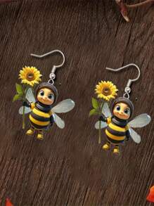 1 par de aretes creativos y lindos de abeja de acrílico sosteniendo un girasol, diseño de animal encantador como regalo para mujeres
