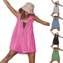 Mono corto con media cremallera Yeokou para fitness, actividades al aire libre y ocio, con capucha suelta sin mangas para mujeres - Azul grisáceo - Ver 3