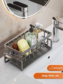 1 Sink Organizer With Automatic Drain Tray For Sponges, Dishwashing Liquid, Cleaning Towels And Brushes, And Organization Basket For Home Cleaning Kitchen Countertops, Black Or Gray Dish Cloth Holder, No Drilling Or Suction Cups Required, Drain Rack Basket Organizer - 灰色 - 查看 2