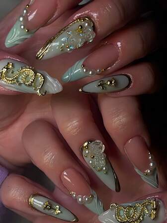 24 Pieces Of Luxurious, Sweet, And High-End Design With Sparkling Flowers, Rhinestones, And Pearl Embellishments - Green And Nude Color Collision Splicing - Almond Shaped Mid Size Fake Nails Suitable For Girls And Women. Gift Includes Jelly Glue And Nail Files