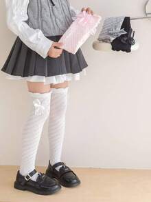 1 双蝴蝶结装饰透气过膝袜，适合女孩，适合休闲、学校和派对 - 彩色 - 查看 2