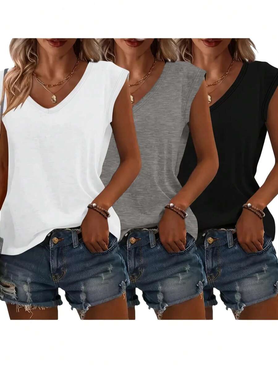 3pcs/Set Plus Size Women V-Neck Minimalist Casual Tank Tops - Black, White and Gray - View 1