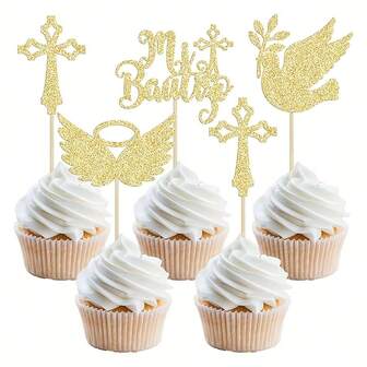 24pcs Mi Bautizo God Bless Cupcake Toppers Cross Cupcake Picks Christian Baptism Cake Decorations For Religious God Bless Birthday Party Supplies