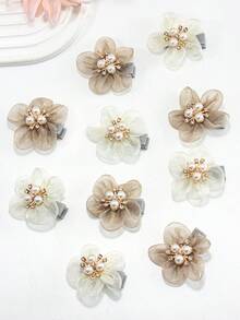 6 件女孩多色精致网状花朵水晶珍珠发饰套装、可爱发夹、时尚发饰 - 彩色 - 查看 5