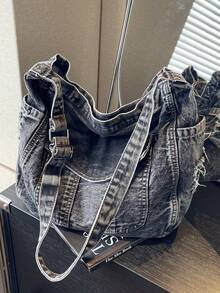 女士 Y2K 甜美酷炫纯色牛仔单肩包，潮流户外度假旅行腋下包，复古商务休闲日常工作通勤方形手提包，校园风格大容量多口袋学生手提包 - 黑色 - 查看 8