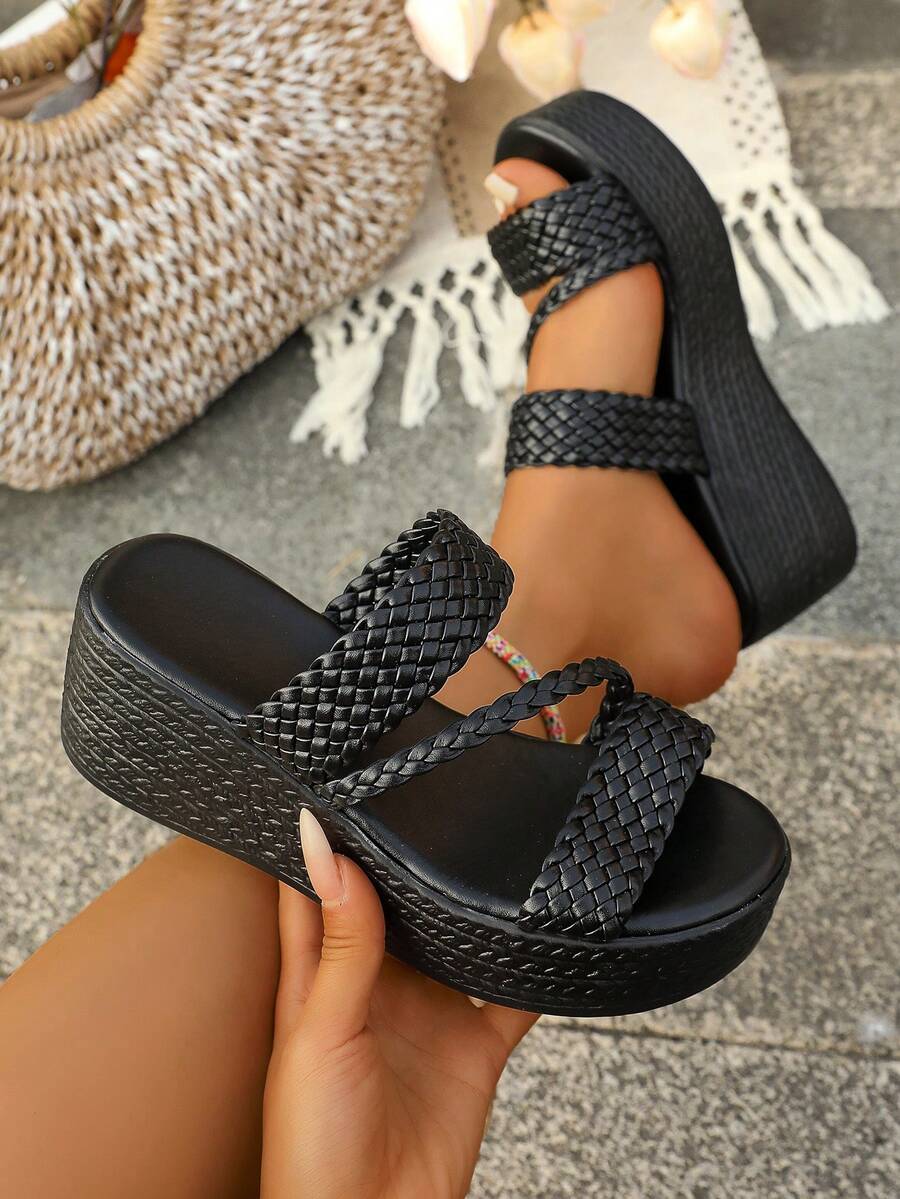 Sandal đế xuồng hở mũi dệt kim màu trơn thời trang mùa hè dành cho nữ, thoải mái, kiểu dáng thường ngày, tiện dụng khi đi du lịch.