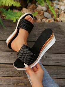 1 双纯色优雅派对学院风校园度假时尚海滩波西米亚风休闲可爱仙女婚礼通勤复古商务派对户外可爱中式婚礼编织坡跟防水厚底拖鞋，海滩婚礼派对办公室居家健身户外夏季草编装饰厚底凉鞋