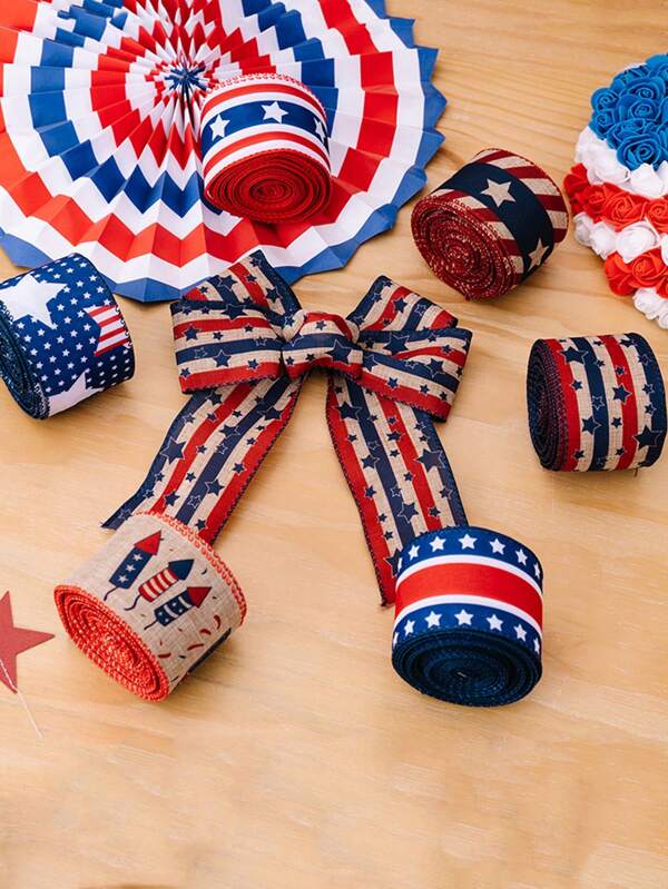 Cintas decorativas para el Día de la Independencia, suministros para fiesta de celebración del 4 de julio, cintas de satén con bandas de tela de rayas de colores rojo, blanco y azul para decoración de fiestas, empaquetado de regalos, lazos decorativos