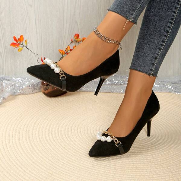 Damen High Heels mit künstlichen Perlendekorationen, elegante spitze Zehen Arbeits-Pumps, vielseitige formelle Absätze - einfarbige, lässige, luxuriöse, geschäftliche Party-Absätze mit Perlen und Metallkette, geeignet für Hochzeit, Party, Büro, alle Jahreszeiten