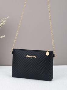 Women's New Fashionable Wave Embossed Chain Crossbody Bag, S Branded Hardware Shoulder Bag, Clutch Envelope Bag, With Detachable Strap And Security Zipper - Black - View 5