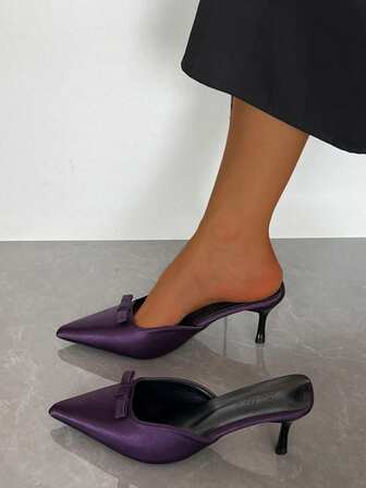 女士新款尖头高跟鞋，蝴蝶结装饰优雅紫色高跟鞋，时尚百搭闭趾穆勒鞋，舒适高跟凉鞋