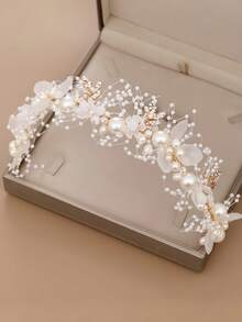 1 件女孩珍珠花头带带丝带，手工制作的波西米亚风发饰，适合节日、旅行、派对、婚礼、拍照