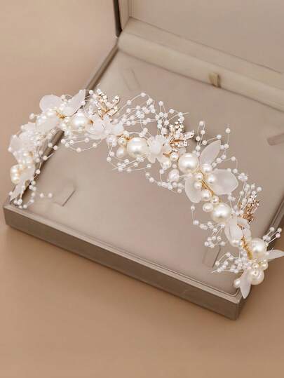 1 Băng đô hoa ngọc trai cho bé gái kèm ruy băng, phụ kiện tóc Boho thủ công, thích hợp cho lễ hội, du lịch, tiệc tùng, đám cưới, chụp ảnh