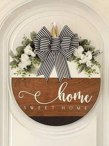 Wooden "Welcome Home" Sign, Striped Bow Decoration Outdoor Hanging Plaque, Spring White Flower Decor - Multicolor - View 5