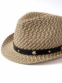 1 pieza Sombrero de paja bohemio casual con estrella, sombrero de sol con adorno de remaches, versátil y de moda para trabajo/vacaciones, unisex